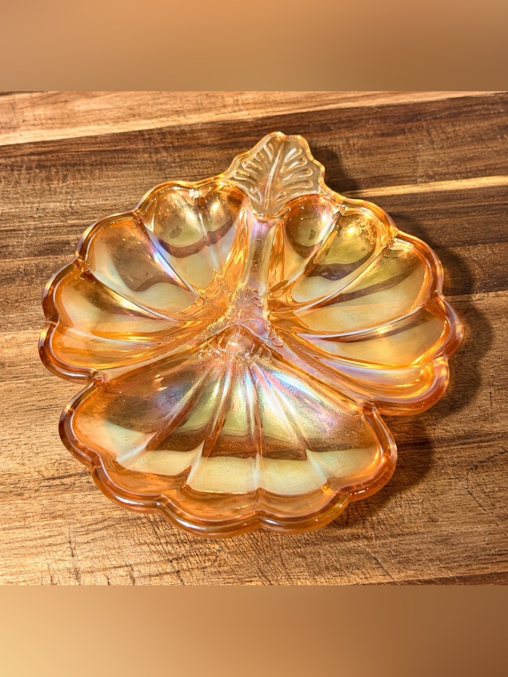 Vintage Carnival Glass Leaf Trinket Dish, Iridescent Marigold Jewelry Catchall